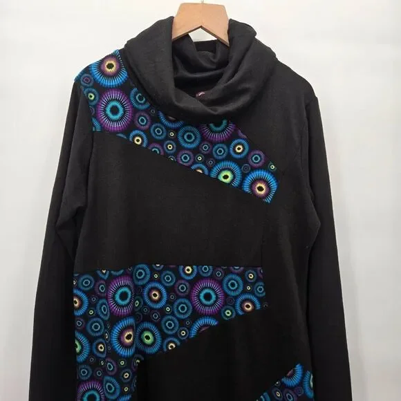 Coline Cowl Neck Dress Size Large Artsy Art to Wear Black Blue Long Sleeve - Picture 2 of 9